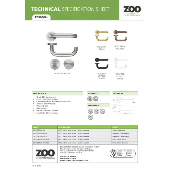 19mm Lift to Lock Tubular Return to Door Lever set -Push On Rose - Grade 304 - Satin Stainless