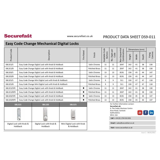 Securefast No SBL320SFR Digital Lock With Knob  - Satin Stainless