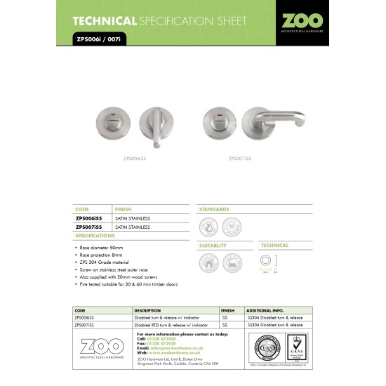 Accessible Turn and Release with Indicator complete with escutcheons and 5mm spindle - Satin Stainless - Grade 304