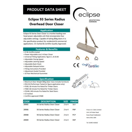 Eclipse 93 Series 2-4 BC/DA Door Closer ( 5 FINISHES) Eclipse 93 Series 2-4 BC/DA Door Closer ( 5 FINISHES)
