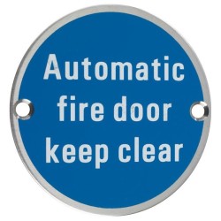 Automatic Fire Door Keep Clear 76mm Signage - Satin Stainless Steel